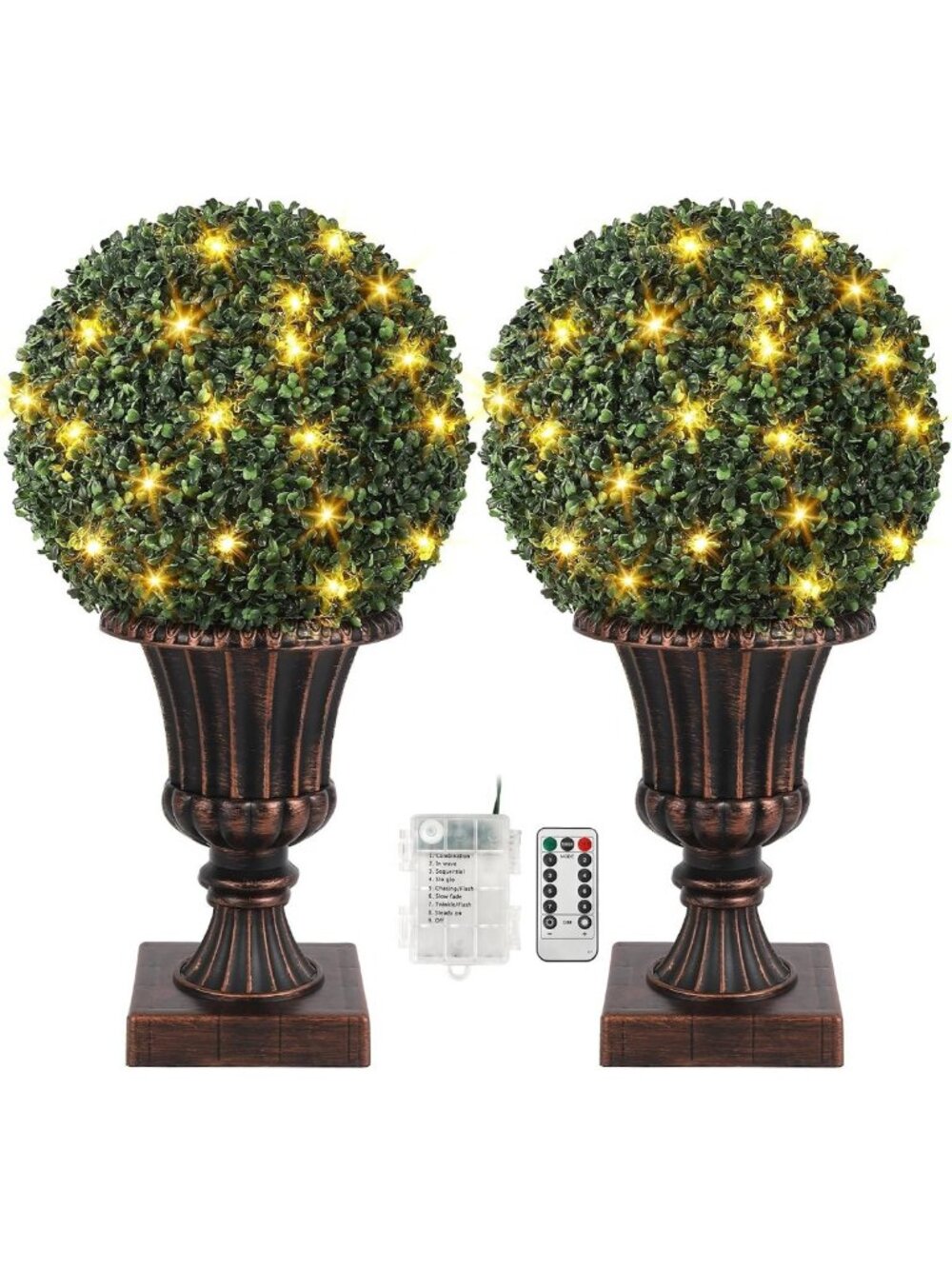 24-Inch Pre-Lit Outdoor Artificial Topiary Trees with Remote & Timer, UV